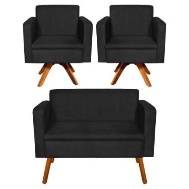 Imagem de Kit 01 Namoradeira e 02 Poltronas Giratória Emília Suede Base Madeira 