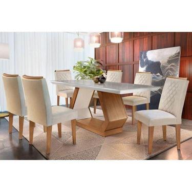 Imagem de Kit Mesa C- Tampo Vidro Canto Reto 180cm + 6 Cadeiras Imbuia Creme