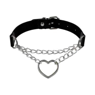 Imagem de Colar Gótico Feminino Preto De Couro Punk Com Coração, Cadeado E Espin