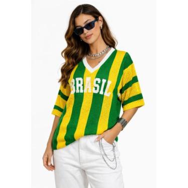 Imagem de Blusa Tricô Feminina Brasil Torcida Copa Estilo Camisa Oversized - Kai