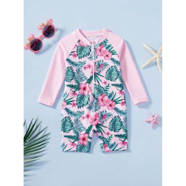 Imagem de Maiô Shortinho Infantil Manga Longa Rosa Folhas com zíper - Tamanho 3 anos