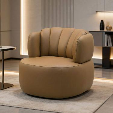 Imagem de Poltrona Giratória Orgânica Para Sala Living Oceane L06 Couro Marrom Claro - Lyam Decor