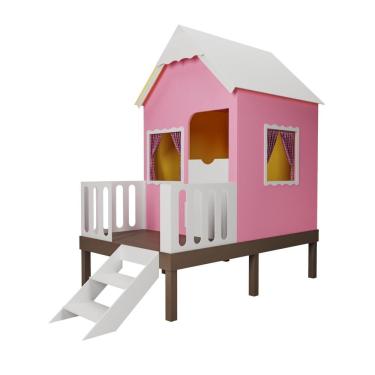 Imagem de Casinha de Brinquedo com Cercado e Escada L12 Rosa Telhado Branco em MDF Infantil Criança Feliz