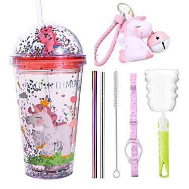 Imagem de seelucky Copo de viagem infantil unicórnio com canudo copo para beber gelo congelador caneca gelada para piquenique festa aniversário (unicórnio rosa, 430 ml)