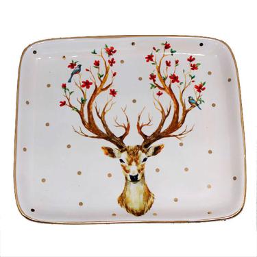 Imagem de Travessa Retangular Cerâmica Gde.Rena Deer Borda Ouro 18,5 x 21,5 x 2cm