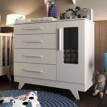 Imagem de Cômoda de Bebê 1 Porta Detalhe em Acrílico 4 Gavetas Retrô Móveis Peroba Branco