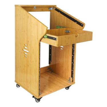 Imagem de Sound Town Rack de estúdio de bambu carbonizado sólido DIY com parte superior de mixagem inclinada 11U, frente 12U, gaveta 2U, pés de borracha, rodízios, para sala de gravação, equipamento de PA/DJ,