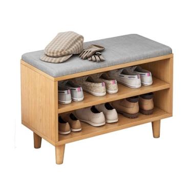 Imagem de Prateleira de sapatos banco para entrada com armazenamento de sapatos, banco de sapatos para porta da frente, assento acolchoado estofado, 3 níveis, sapateira de madeira maciça para entrada, entrada,