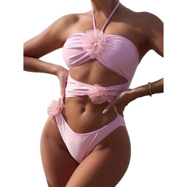 Imagem de BEAUDRM Maiô feminino liso com flor 3D vazada frente única gravata Y2K roupa de banho secagem rápida roupa de banho roupa de praia, rosa, G