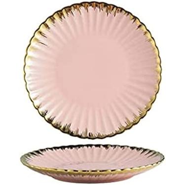 Imagem de Pratos Pratos Pratos de jantar de cerâmica 10,24 polegadas com borda dourada de flores Pratos grandes Pratos de jantar Seguro para máquina de lavar louça Não para forno de micro-ondas Prato