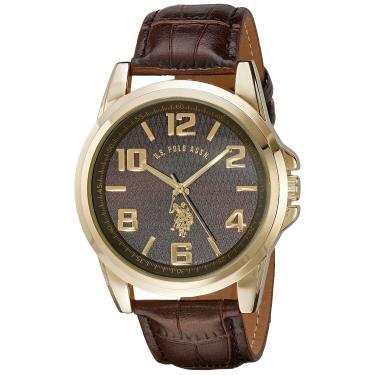 Imagem de U.S. Polo Assn. Relógio masculino clássico USC50167 dourado com pulseira marrom