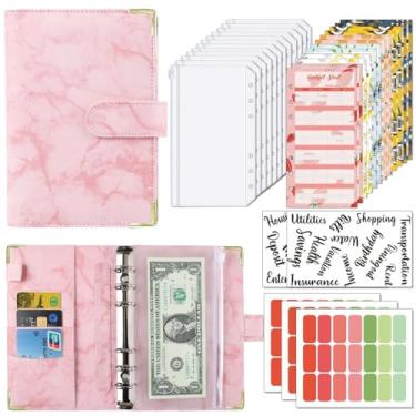 Imagem de Joucien Caderno de folhas soltas com padrão de mármore A6, clipe de folha solta de couro PU Ledger-Mármore + protetores de canto: conjunto rosa