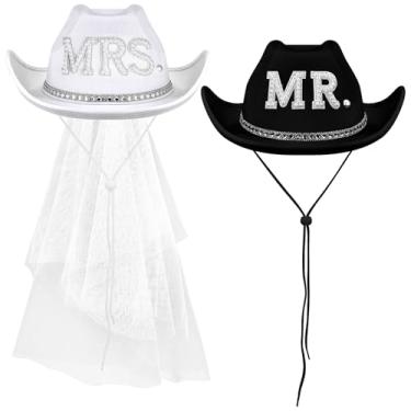 Imagem de Geyoga 2 peças de chapéu de cowboy branco para noivas com véu preto para noivo, chapéus de cowboy para decoração de chá de panela, presentes de casamento, Preto, branco., tamanho �nico
