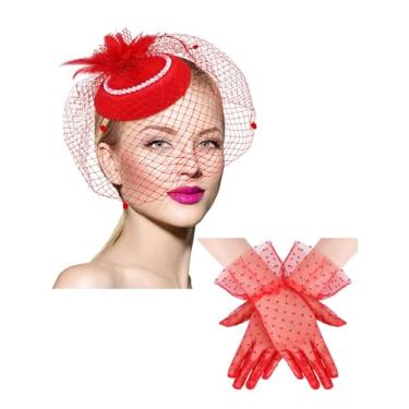 Imagem de Geyoga Chapéu Fascinator dos anos 50 para mulheres, chapéu de véu de funeral, caixa de comprimidos, coquetel, chá e luva de renda, estilo pérola, Vermelho, tamanho �nico