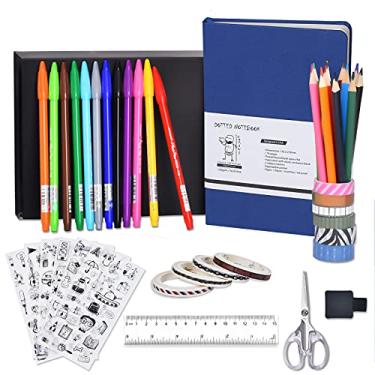 Imagem de Emazne Kit de diário pontilhado azul, conjunto de 44 peças, caderno de capa dura, papel A5, 120 g/m², marcador de linha fina, lápis de cor, fitas Washi, 6 folhas, tesoura, régua, suporte de caneta,