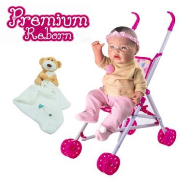 Imagem de Kit Boneca Realista Menina Reborn + Nana Pelúcia e Carrinho - Milk Bri