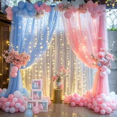 Imagem de Cortinas de fundo de tule transparente rosa e azul com cordão de luzes para revelação de gênero, decorações de chá de bebê para meninos ou meninas, decorações de parede de fundo de fotos, 3 x 2 m