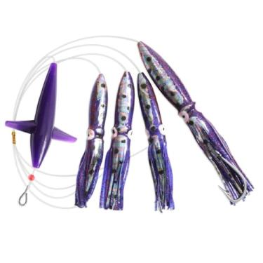 Imagem de OCEAN CAT Iscas de pesca de água salgada, bolsa macia para pesca com anzol 8/0 para Mahi Mahi Marlin Tuna Wahoo (#028-roxo, 12,7 cm + 15,2 cm + 23 cm)