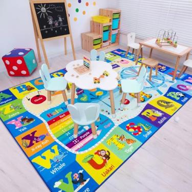 Imagem de B BENRON Tapetes infantis laváveis para sala de jogos, educativos e divertidos, com formas de animais do alfabeto ABC, tapete de brinquedo infantil para quarto, sala de aula, 1,9 x 1,5 m, azul