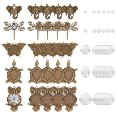Imagem de PH PandaHall 60 peças de pingentes de animais, 5 estilos de bandejas com pingente de animal, moldura em branco, tartaruga, elefante, coruja, borboleta, libélula, memorial de foto, pingente cabochão