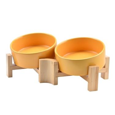 Imagem de SPUNKYJUNKY Tigela inclinada de cerâmica para cães e gatos de 15° com suporte de madeira, tigela inclinada para comida e água para buldogue não escorrega para gatos, cães médios, grandes animais de