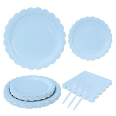 Imagem de MUNILAIL 96 peças de pratos e guardanapos azuis claros para festa servem 24 convidados, incluindo pratos de papel recortados azuis e guardanapos, garfos de plástico para chá de bebê, festa de