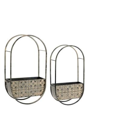 Imagem de Napco Sm 35,5 cm, Lg 40,6 cm de metal para decoração de jardim interno e externo conjunto de 2 vasos de plantas de parede com design oval em relevo de cor creme