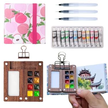 Imagem de Aimery Mini conjunto de tinta aquarela, miniatura, bolso compacto, paleta de cores aquáticas, kit de viagem com caderno de desenho e caixa de tinta de madeira de 8 grades, pacote de paleta de tinta