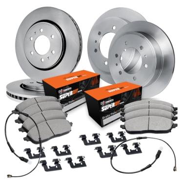 Imagem de R1 Concepts Rotores de freio traseiros dianteiros da série eLine com pastilhas OEp ideais, kit de ferragens e fio do sensor compatíveis com freightliner Sprinter 1500, Sprinter 2500 2019-2021