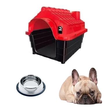 Imagem de Kit Casa Pet Plástica N2 Médio + Pote Tigela Inox Ração Água