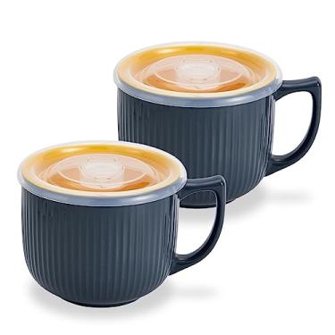 Imagem de Hoilse Tigela de sopa de cerâmica com alça de 940 ml – Tigela de ramen de micro-ondas com tampa, canecas de sopa e copos para cereais, aveia, ramen, macarrão instantâneo, recipiente de sopa com tampa