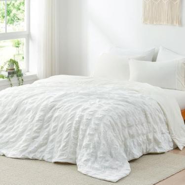 Imagem de Cozy Bliss Edredom refrescante tamanho casal Seersucker xadrez, Q-Max 0,4 reversível leve cobertor refrescante, respirável seda suave verão colcha para dormir quente suores noturnos branco