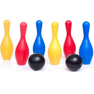 Imagem de Jogo de Boliche Infantil, 6 Pinos Coloridos e 2 Bolas Pretas, 8 Peças