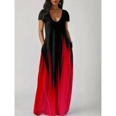 Imagem de Novo verão solto impressão casual vestido feminino bolso vestido longo