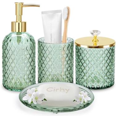 Imagem de Cirhy Acessórios Para Banheiro Verde: Conjunto Com 4 Peças De Organizadores Balcão Vidro Banheiro, Porta-Escovas Dente, Dispensador Sabonete, Pote Boticário, Bandeja Penteadeira, Presentes Decoração