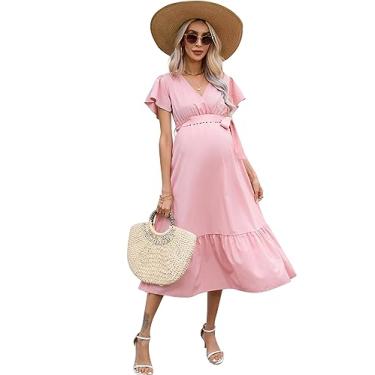 Imagem de FUNJULY Vestido de maternidade feminino decote em V manga bufante plissado para maternidade vestido maxi para chá de bebê ou uso casual, Mosca rosa, XXG