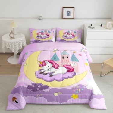 Imagem de Feelyou Conjunto de cama casal de unicórnio, lua fofa, unicórnio, para princesas, meninas, castelo de fantasia, conjunto de edredom de microfibra macia