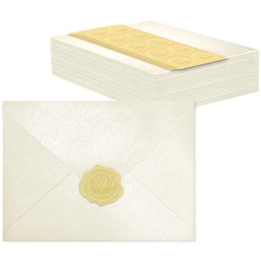 Imagem de 50 envelopes A7 de marfim pérola com adesivos, envelopes brilhantes 13 x 7 para convites, ótimo para cartões de convites de casamento, aniversário de casamento, formatura, chá de bebê 13,3 x 18,4 cm