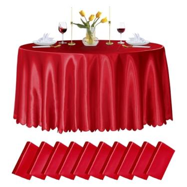 Imagem de Cobedzy Pacote com 10 toalhas de mesa redondas vermelhas de cetim de 228 cm, toalhas de mesa redondas de cetim, sobrepostas, toalhas de mesa de jantar para casamento, festa, banquete, eventos