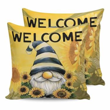 Imagem de EwdeWwo Conjunto de 2 capas de almofada de girassol à prova d'água 45,7 x 45,7 cm, fronhas de gnomo vintage, decorativas, quadradas, para pátio, móveis, sofá, varanda, jardim