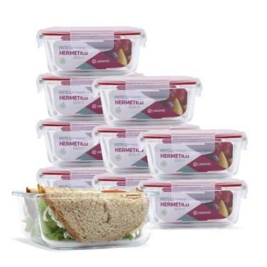 Imagem de Kit Conjunto 10 Potes Vidro Hermético Tampa Plástico Marmita Mantiment