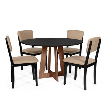 Imagem de Mesa De Jantar Redonda Montreal Pret/nor Com 4 Cadeiras Estofadas Ella Preto/bege