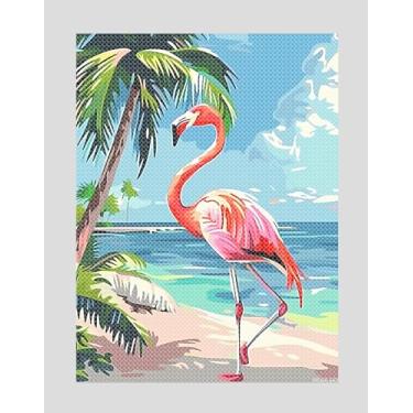 Imagem de MOER SKY Pintura de diamante de flamingo na praia DIY por números para adultos kits de arte de diamante redondo completo para decoração de quarto decoração de sala de estar 30 x 40 cm