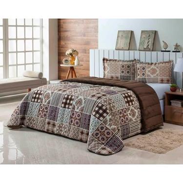 Imagem de Coberdrom Colcha Cobre Leito Edredom Com Enchimento Para Cama de Casal Queen 400 Fios Dupla Face Jogo de Cama kit com 3 Peças (Xadrez Marrom)
