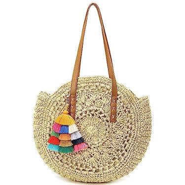 Imagem de Bolsa de palha redonda de palha de verão grande bolsa de praia para mulheres bolsas de mão com pompons, Bege
