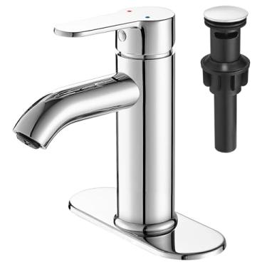 Imagem de VOTON Torneira de pia de banheiro cromada, alça única de aço inoxidável para torneira de 1 ou 3 furos para pia de banheiro com deck, ralo pop-up e mangueiras de suprimento