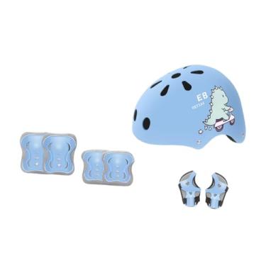 Imagem de menolana Capacete de bicicleta infantil ajustável com 7 peças, joelheira, cotoveleira, protetor de pulso, equipamento portátil, capacete leve para bicicleta e, Azul