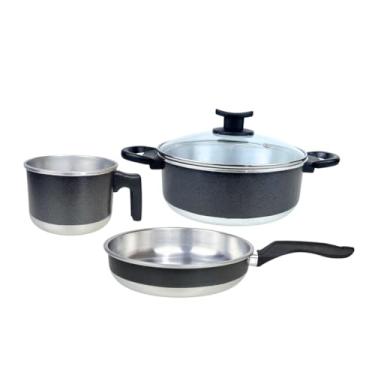 Imagem de Conjunto de Panelas 3 Peças com Frigideira, Fervedor/Leiteira e Caçarola com Tampa de Vidro e Cabo em Baquelite