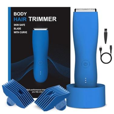 Imagem de Aparador elétrico de pelos corporais para homens e mulheres, barbeador elétrico para pelos pubianos, peito, pernas e biquíni, impermeável, molhado/seco, com base de carregamento (azul)