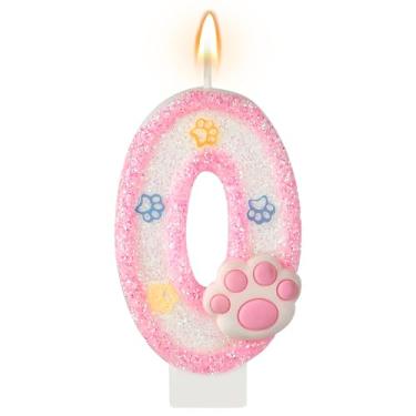 Imagem de AKURIEEY Vela de aniversário para cães e gatos, números rosa, 0 velas, enfeite de bolo de pata, decorações de cupcake para decoração de festa com tema de animais de estimação, artigos de comemorações
